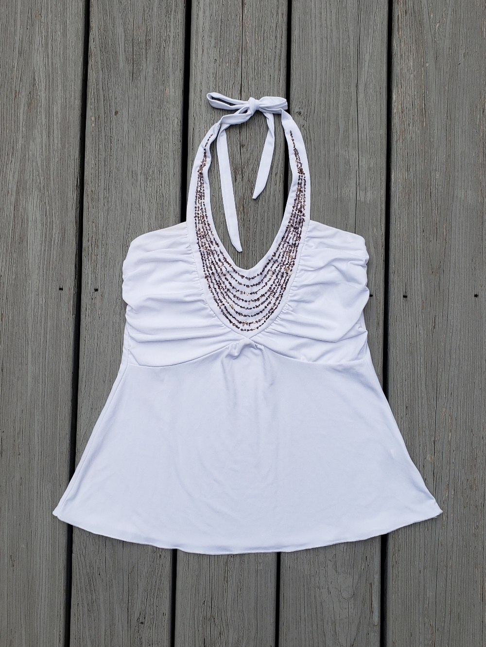 BCX Y2K White Beaded Wrap Around Neck Halter Top Size Medium